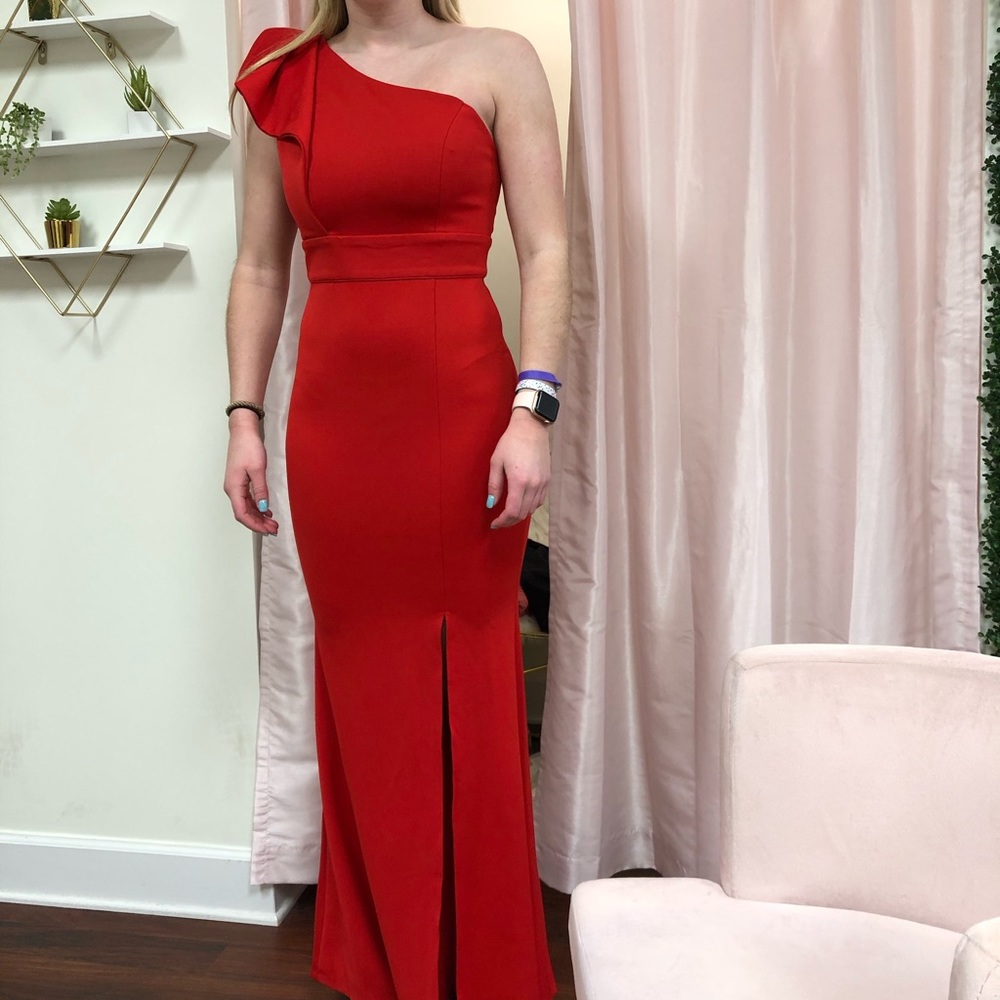 Red One Sleeve Ruffle Formal Dress